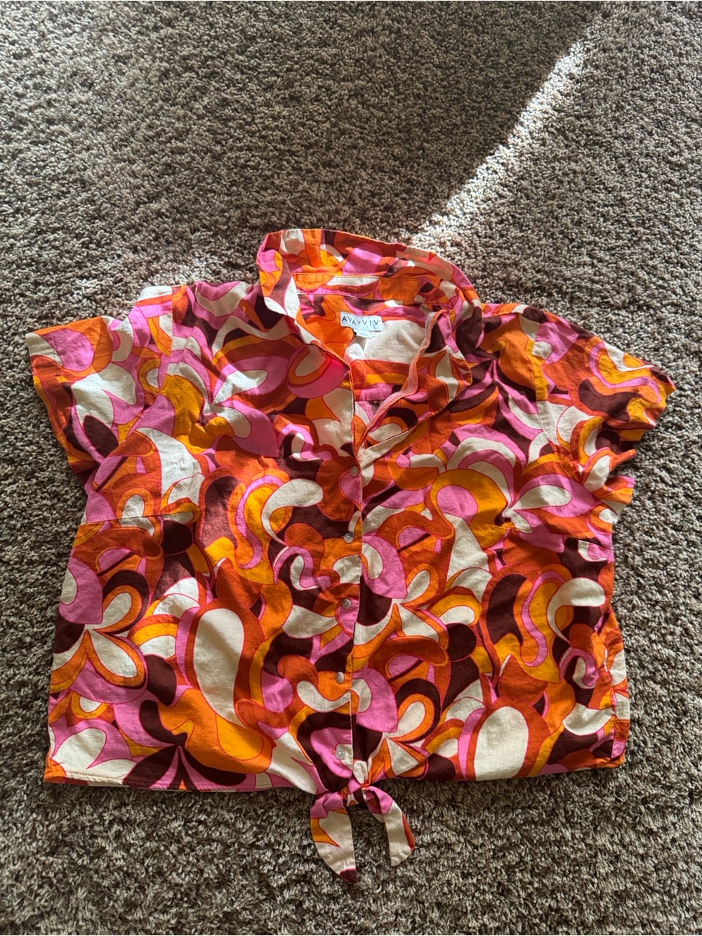Ava & Viv Swirl Print Button-Up Shirt — Orange, Pink, Cream, Brown